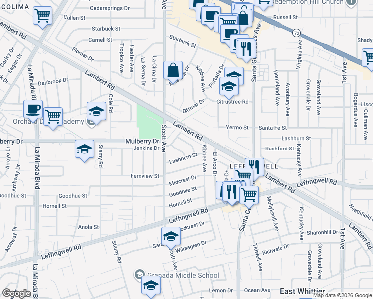 map of restaurants, bars, coffee shops, grocery stores, and more near 10836 Mayes Drive in Whittier