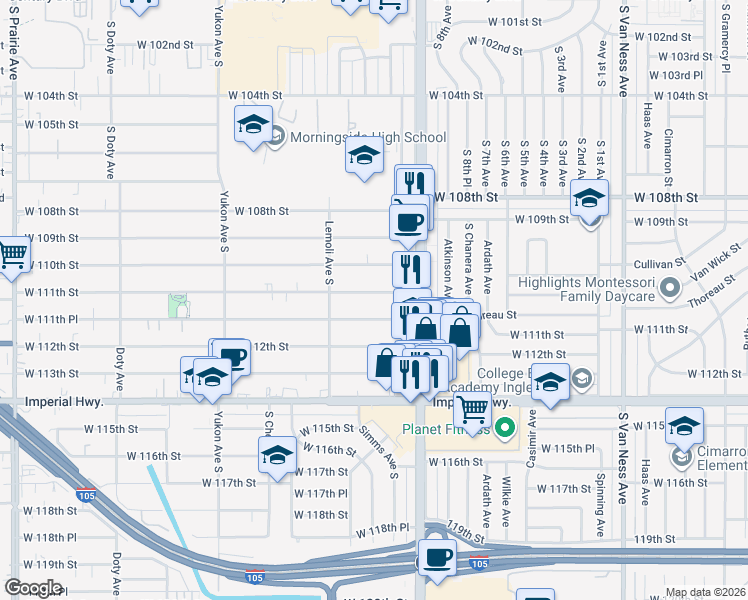 map of restaurants, bars, coffee shops, grocery stores, and more near 3202 West 111th Street in Inglewood