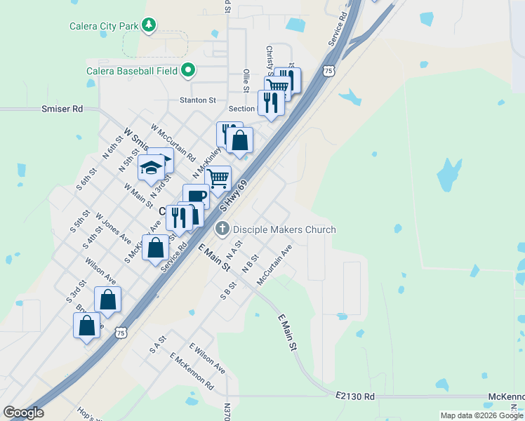 map of restaurants, bars, coffee shops, grocery stores, and more near 407 North A Street in Calera