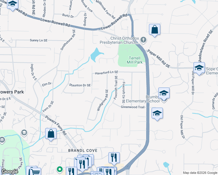 map of restaurants, bars, coffee shops, grocery stores, and more near 557 Windgrove Road Southeast in Marietta