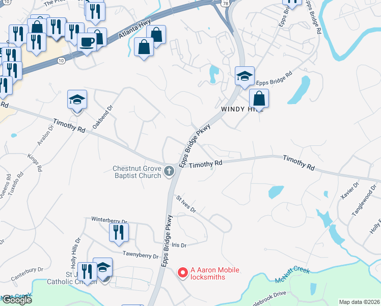 map of restaurants, bars, coffee shops, grocery stores, and more near 1550 Timothy Road in Athens