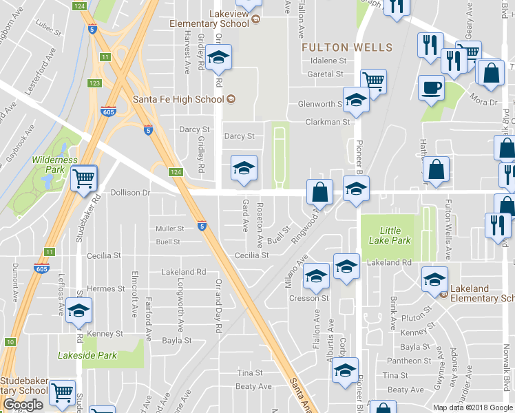 map of restaurants, bars, coffee shops, grocery stores, and more near 10817 Roseton Avenue in Santa Fe Springs