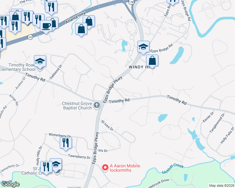 map of restaurants, bars, coffee shops, grocery stores, and more near 1500 Timothy Road in Athens