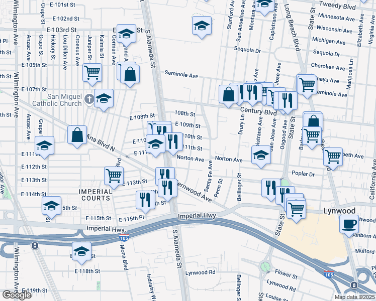 map of restaurants, bars, coffee shops, grocery stores, and more near 2644 East 111th Street in Lynwood