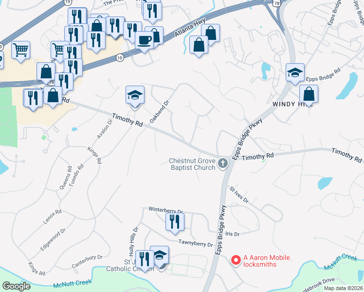 map of restaurants, bars, coffee shops, grocery stores, and more near 1725 Timothy Road in Athens