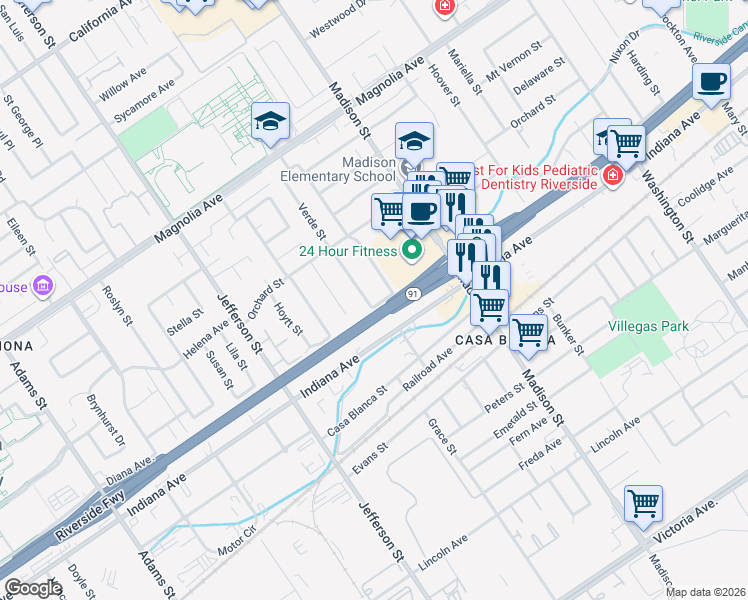 map of restaurants, bars, coffee shops, grocery stores, and more near 3469 Verde Street in Riverside