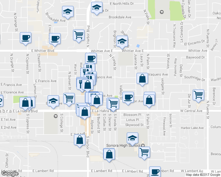 map of restaurants, bars, coffee shops, grocery stores, and more near 340 North Dexter Street in La Habra