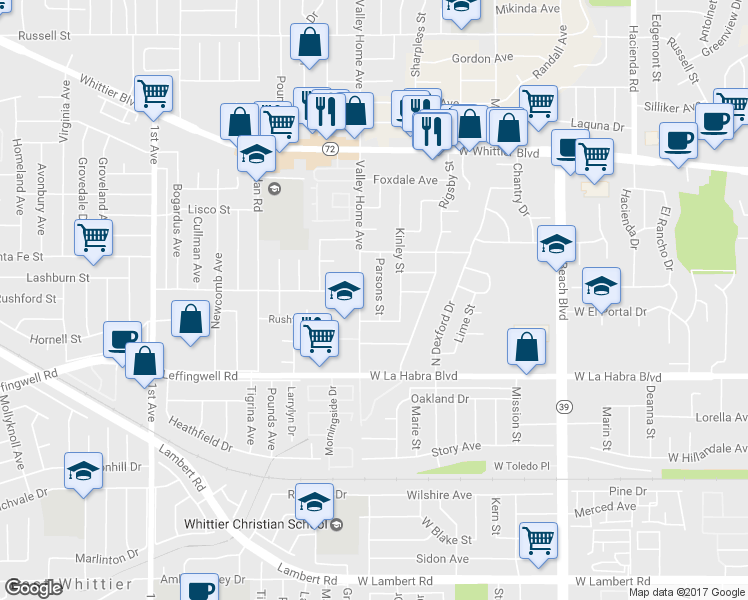 map of restaurants, bars, coffee shops, grocery stores, and more near 351 Parsons Street in La Habra
