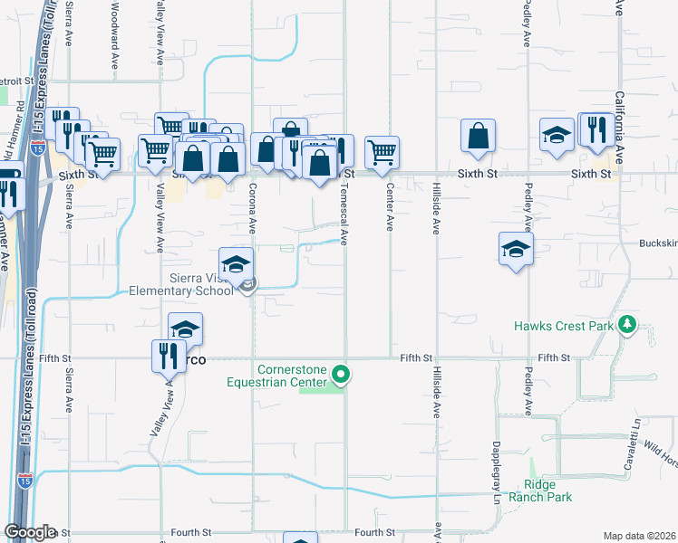 map of restaurants, bars, coffee shops, grocery stores, and more near 3630 Temescal Avenue in Norco