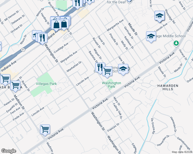map of restaurants, bars, coffee shops, grocery stores, and more near 6929 Viking Court in Riverside