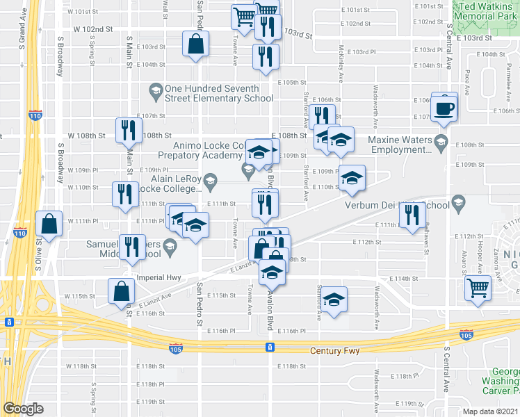 map of restaurants, bars, coffee shops, grocery stores, and more near 440 East 111th Street in Los Angeles