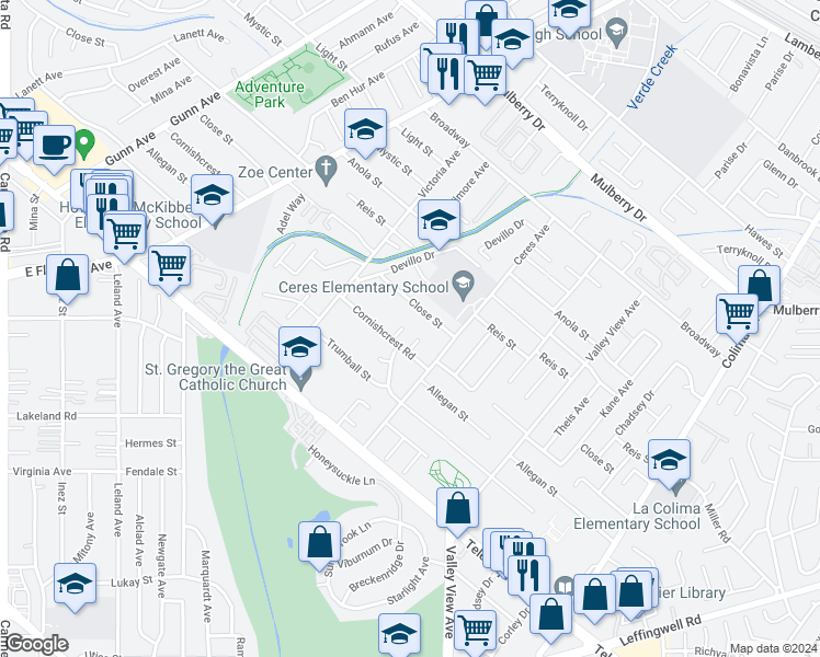 map of restaurants, bars, coffee shops, grocery stores, and more near 10602 Bramblebush Avenue in Whittier