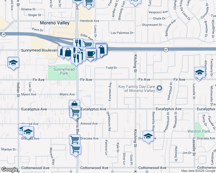 map of restaurants, bars, coffee shops, grocery stores, and more near 12821 Foreman Avenue in Moreno Valley