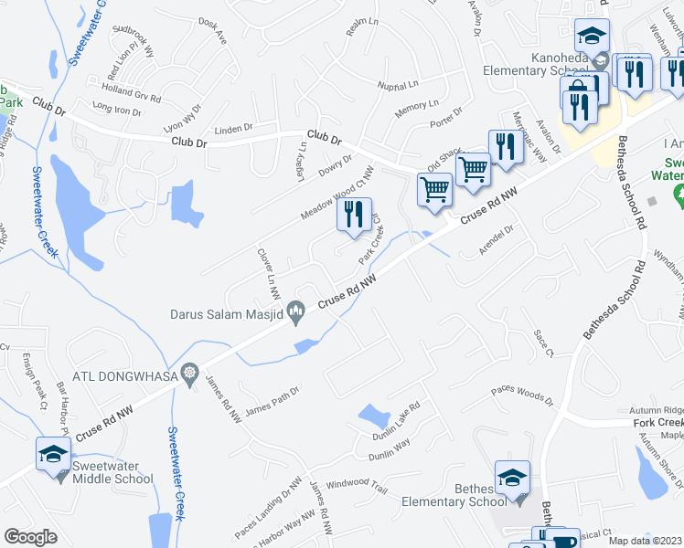 map of restaurants, bars, coffee shops, grocery stores, and more near 910 Park Creek Circle in Lawrenceville