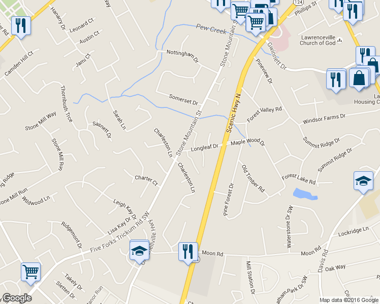 map of restaurants, bars, coffee shops, grocery stores, and more near 716 Longleaf Drive in Lawrenceville