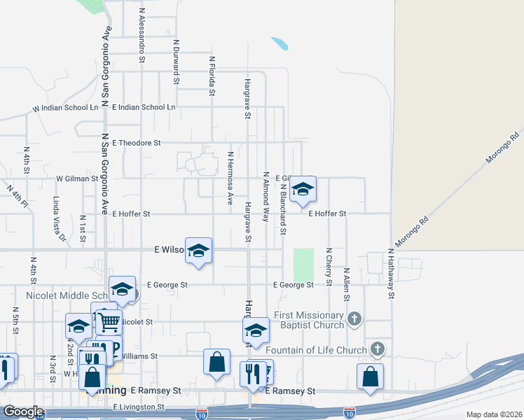 map of restaurants, bars, coffee shops, grocery stores, and more near 949 East Hoffer Street in Banning