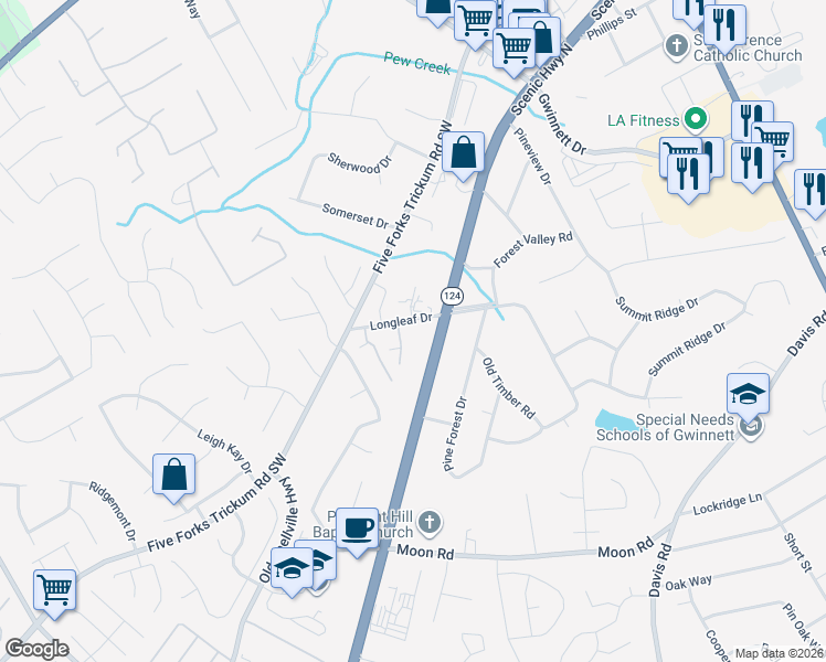 map of restaurants, bars, coffee shops, grocery stores, and more near 758 Longleaf Drive in Lawrenceville