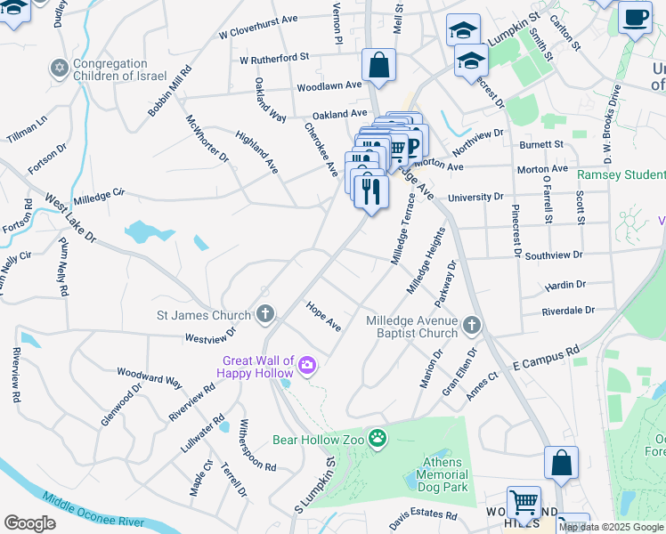 map of restaurants, bars, coffee shops, grocery stores, and more near 1875 South Lumpkin Street in Athens