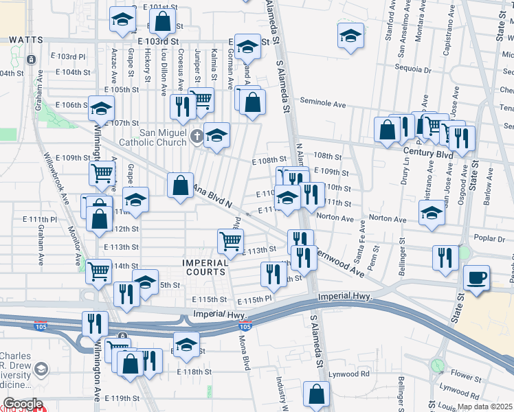 map of restaurants, bars, coffee shops, grocery stores, and more near 2459 East 111th Street in Los Angeles