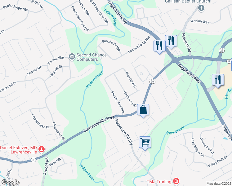 map of restaurants, bars, coffee shops, grocery stores, and more near 201 Murphy Avenue Northwest in Lawrenceville