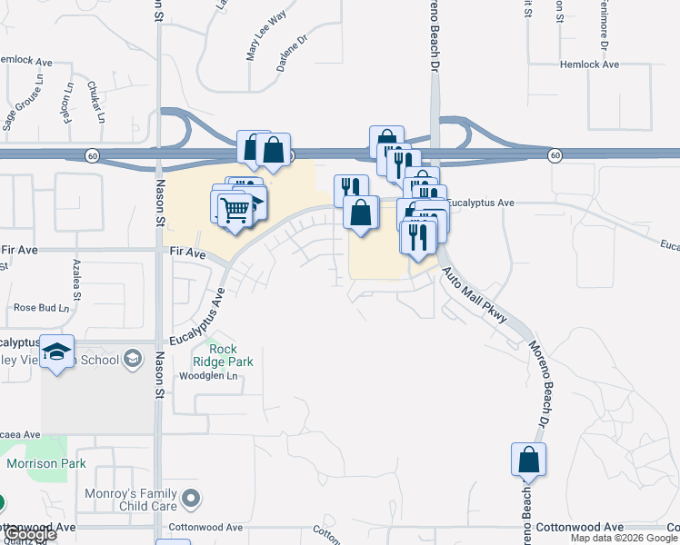 map of restaurants, bars, coffee shops, grocery stores, and more near 12844 Sovite Way in Moreno Valley