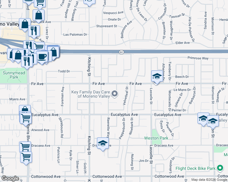 map of restaurants, bars, coffee shops, grocery stores, and more near 12776 Raenette Way in Moreno Valley