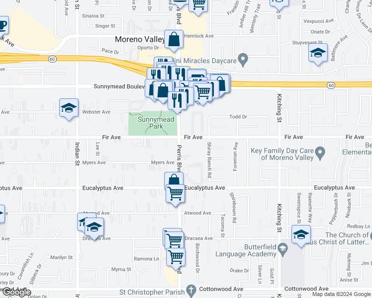 map of restaurants, bars, coffee shops, grocery stores, and more near 25105 Fir Avenue in Moreno Valley