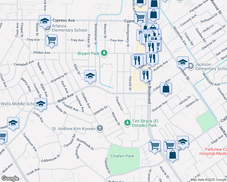 map of restaurants, bars, coffee shops, grocery stores, and more near 7821 Wells Avenue in Riverside