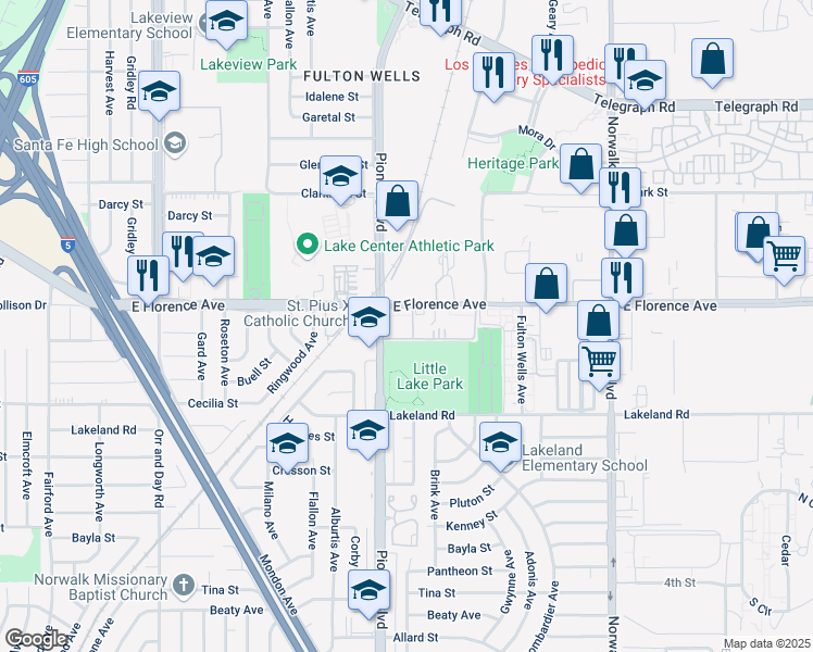 map of restaurants, bars, coffee shops, grocery stores, and more near 810 Pioneer Boulevard in Santa Fe Springs
