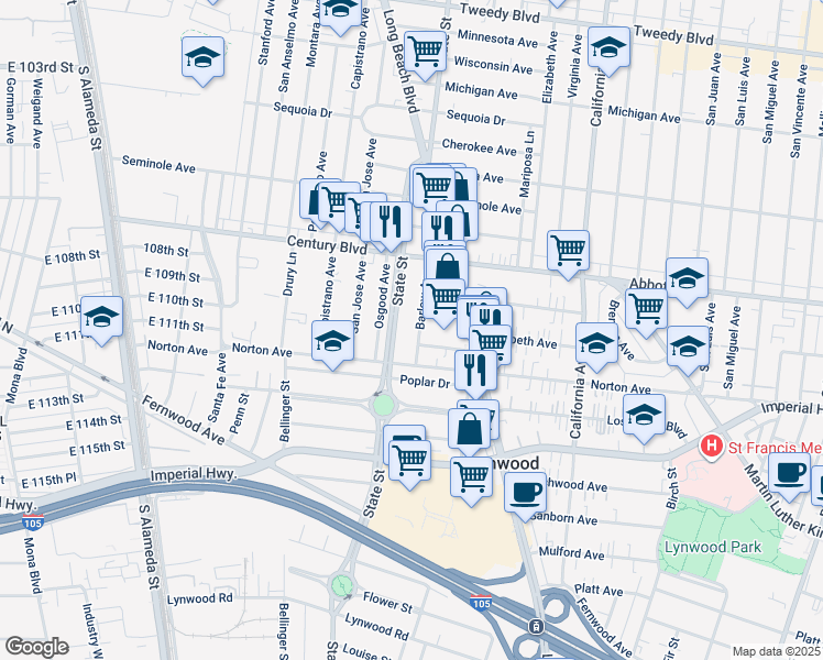 map of restaurants, bars, coffee shops, grocery stores, and more near 10787 Barlow Avenue in Lynwood
