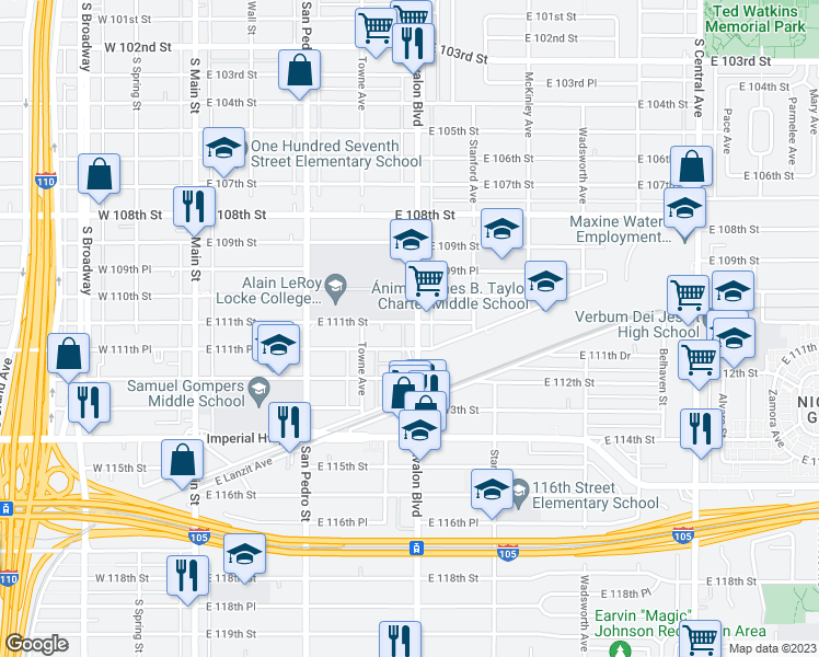 map of restaurants, bars, coffee shops, grocery stores, and more near 440 East 111th Street in Los Angeles