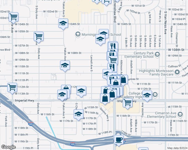 map of restaurants, bars, coffee shops, grocery stores, and more near 11113 Lemoli Avenue South in Inglewood