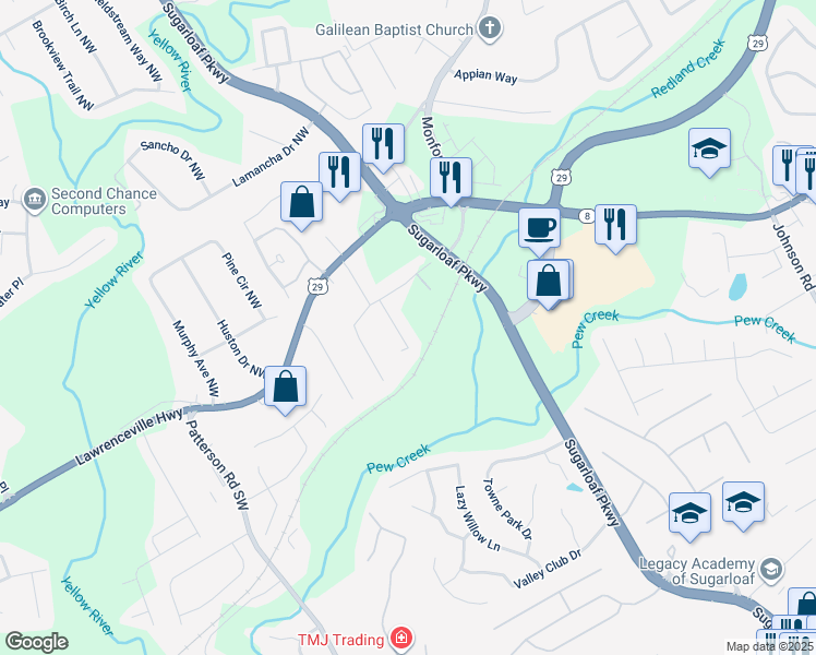map of restaurants, bars, coffee shops, grocery stores, and more near 77 Caboose Court Northwest in Lawrenceville