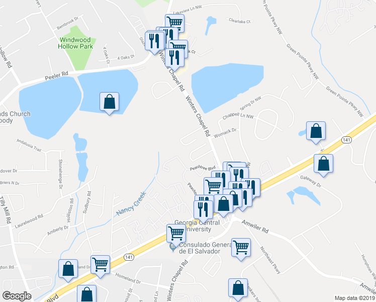 map of restaurants, bars, coffee shops, grocery stores, and more near 2855 Winter Rose Court in Atlanta