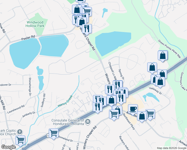 map of restaurants, bars, coffee shops, grocery stores, and more near 2855 Winter Rose Court in Atlanta