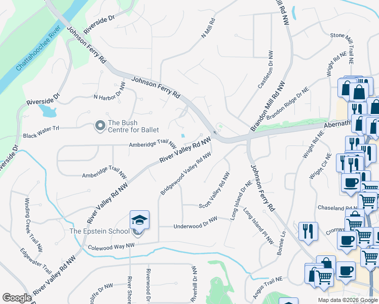 map of restaurants, bars, coffee shops, grocery stores, and more near 230 River Valley Road Northwest in Atlanta