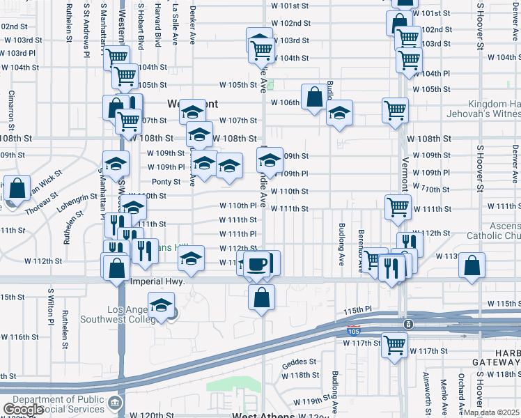 map of restaurants, bars, coffee shops, grocery stores, and more near 1400 West 110th Place in Los Angeles