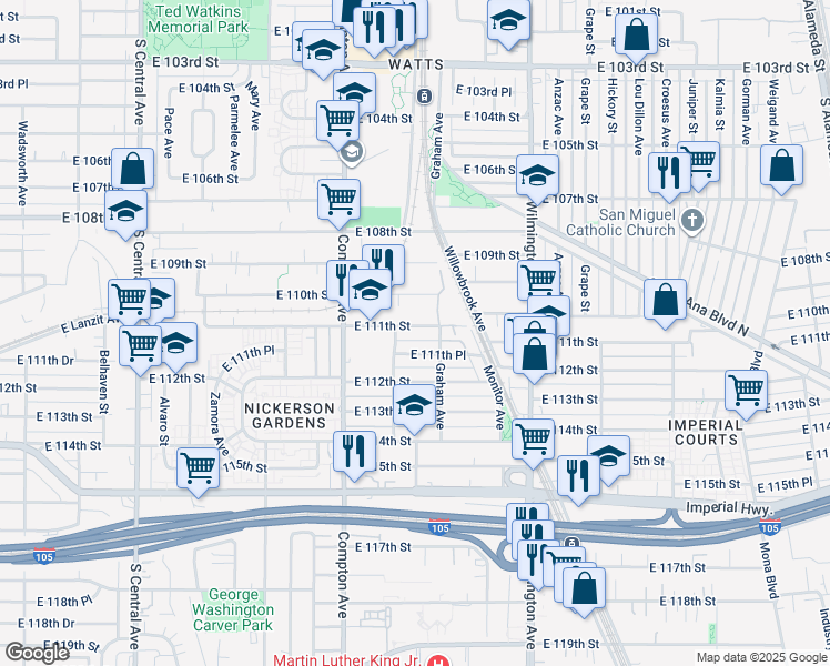 map of restaurants, bars, coffee shops, grocery stores, and more near 1666 East 111th Street in Los Angeles