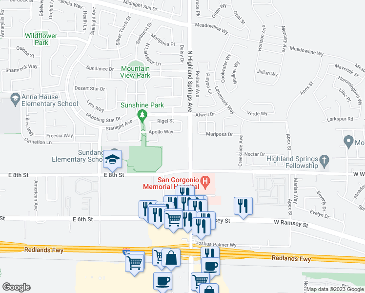 map of restaurants, bars, coffee shops, grocery stores, and more near 835 North Highland Springs Avenue in Beaumont