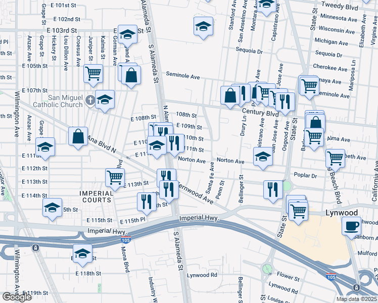 map of restaurants, bars, coffee shops, grocery stores, and more near 2644 East 111th Street in Lynwood