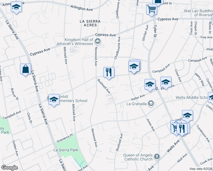 map of restaurants, bars, coffee shops, grocery stores, and more near 5533 Bushnell Avenue in Riverside