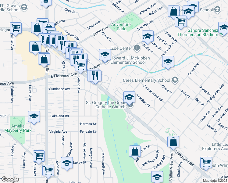 map of restaurants, bars, coffee shops, grocery stores, and more near 13819 Telegraph Road in Whittier