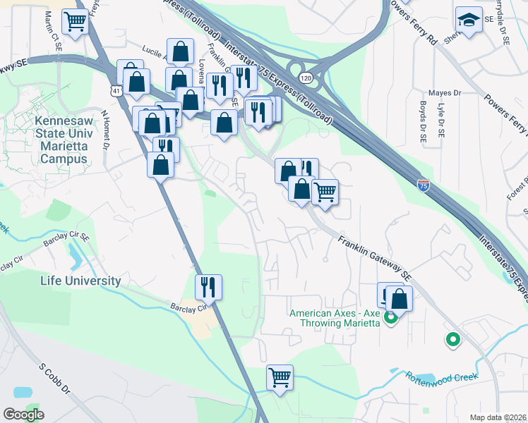map of restaurants, bars, coffee shops, grocery stores, and more near 1605 Augusta Drive in Marietta