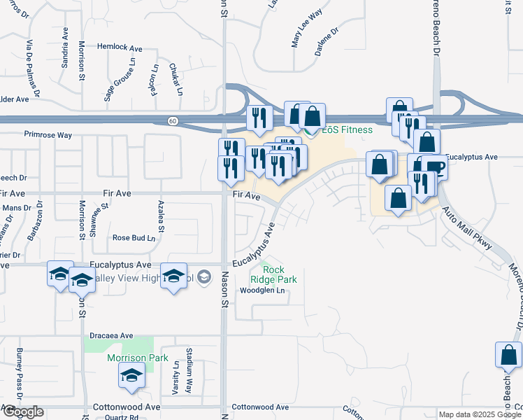 map of restaurants, bars, coffee shops, grocery stores, and more near 27139 Dolostone Way in Moreno Valley