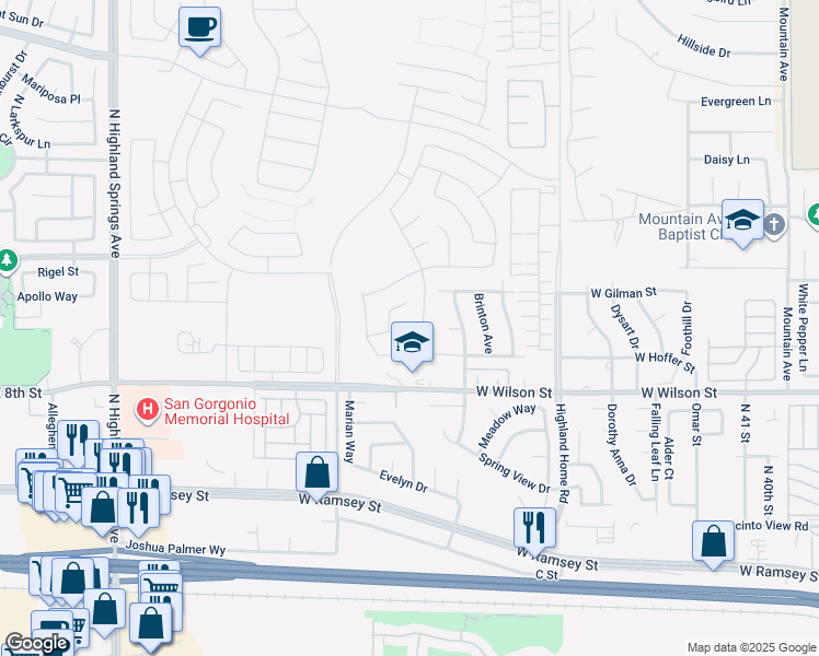 map of restaurants, bars, coffee shops, grocery stores, and more near 5345 Echo Drive in Banning