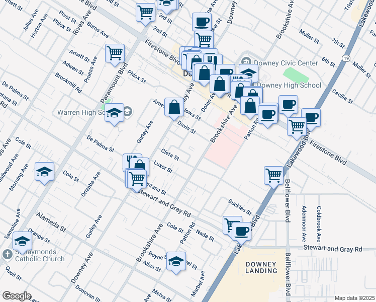 map of restaurants, bars, coffee shops, grocery stores, and more near 8423 Galt Drive in Downey