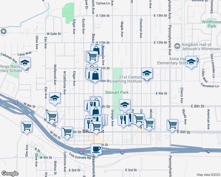map of restaurants, bars, coffee shops, grocery stores, and more near 937 Orange Avenue in Beaumont