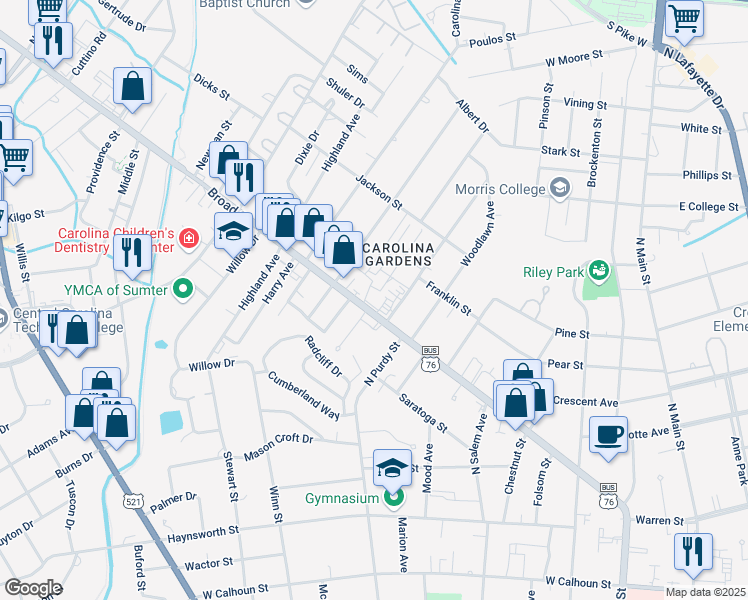 map of restaurants, bars, coffee shops, grocery stores, and more near 325 Broad Street in Sumter