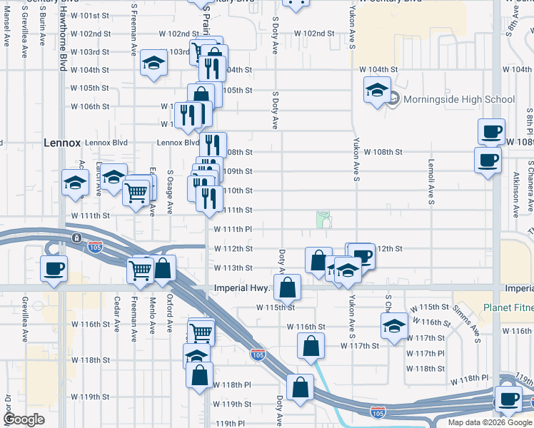 map of restaurants, bars, coffee shops, grocery stores, and more near 3826 West 111th Street in Inglewood