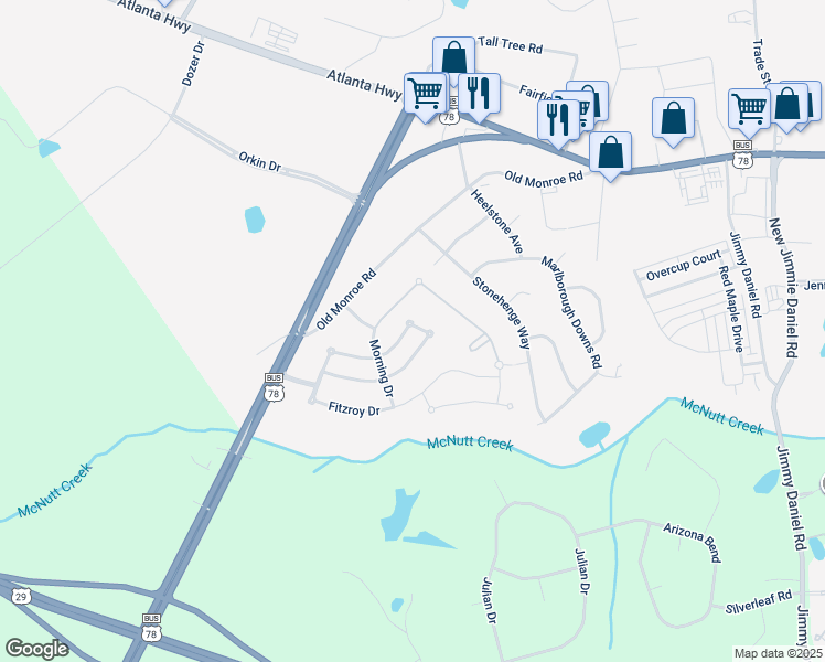 map of restaurants, bars, coffee shops, grocery stores, and more near 589 Greenlee Road in Athens